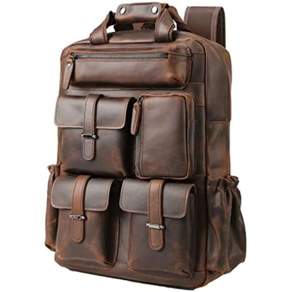 Men's Vintage 15.6 Inch Laptop Bag Multi Pockets Leather Backpack